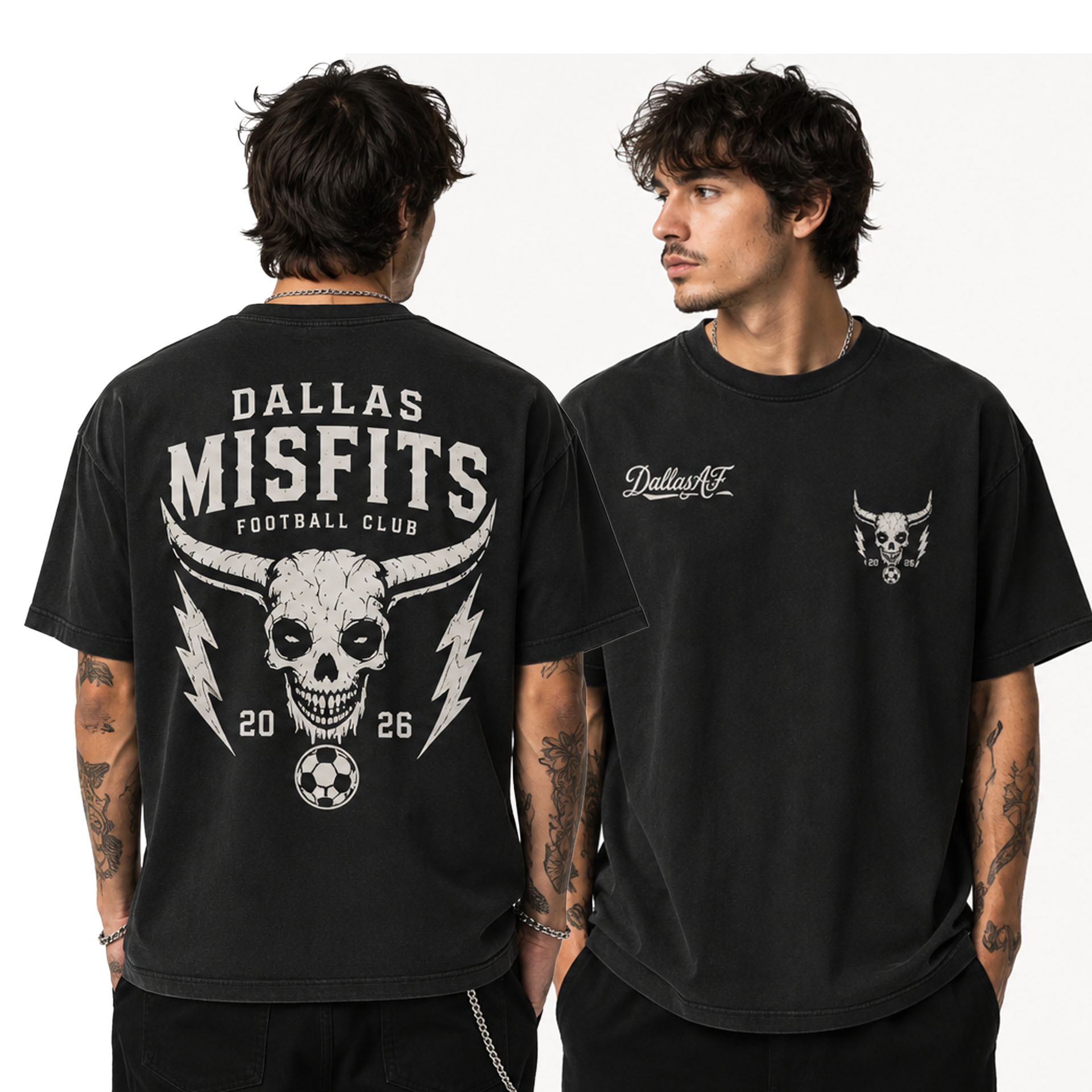 Two men in black graphic T-shirts; left shirt shows 'DALLAS MISFITS' with a skull emblem on the back, right shirt has a smaller Dallas AF logo and a skull design, both facing different directions.