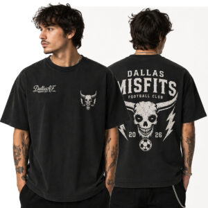 Two men in black graphic tees, one facing left with skull emblem on the front, the other showing the back with 'DALLAS MISFITS' design and a large skull graphic.