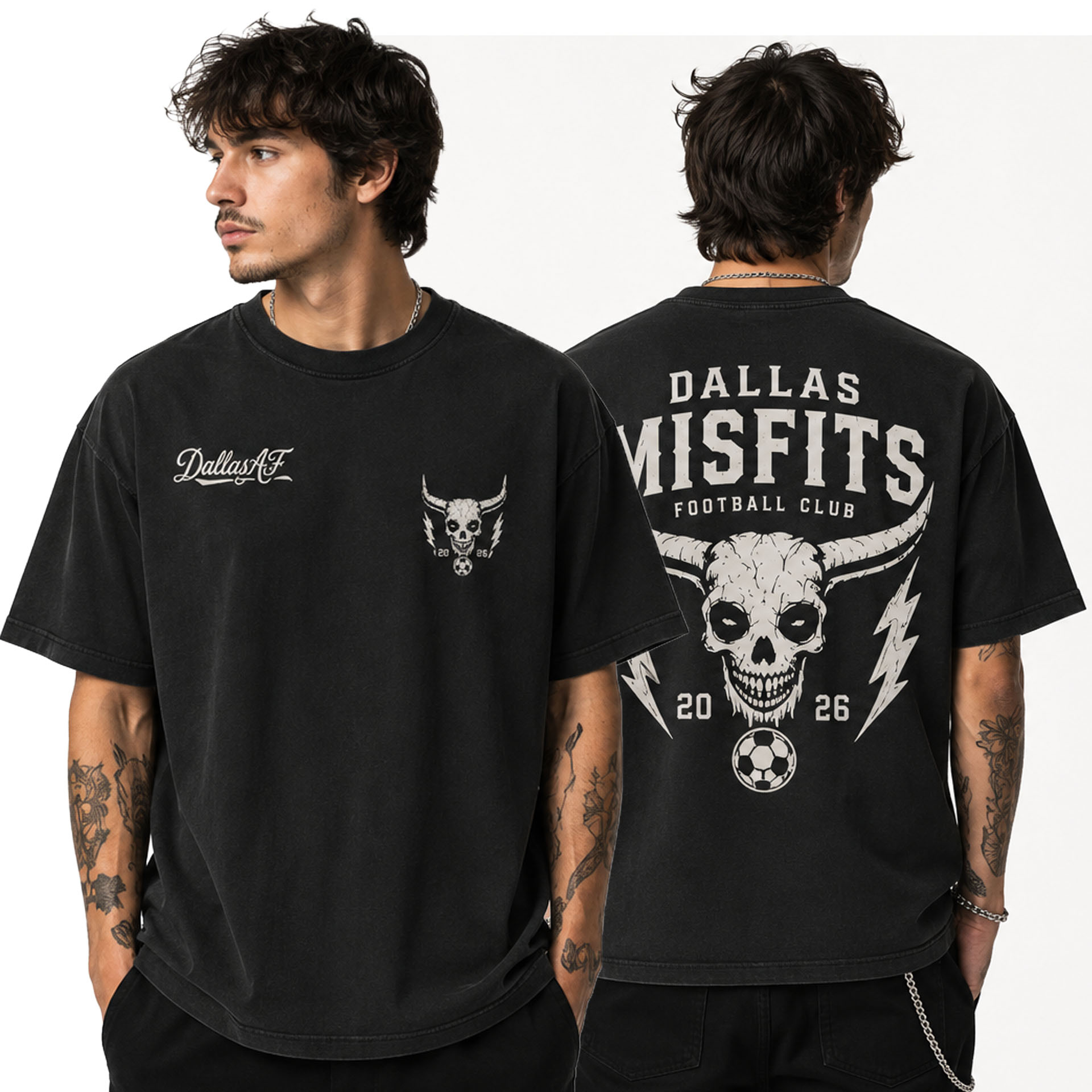 Two men in black graphic tees, one facing left with skull emblem on the front, the other showing the back with 'DALLAS MISFITS' design and a large skull graphic.
