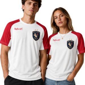 Two models wearing matching white jerseys with red sleeves and a crest on the chest, posing side by side.