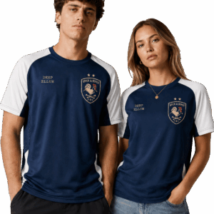 Two young adults stand side by side wearing navy blue and white Brick & Bones FC jerseys with a crest on the chest.