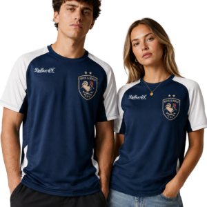 Two models, a man and a woman, wear matching navy and white Brick & Bones FC soccer jerseys with a crest on the chest and Dallas AF lettering, posing against a neutral backdrop.